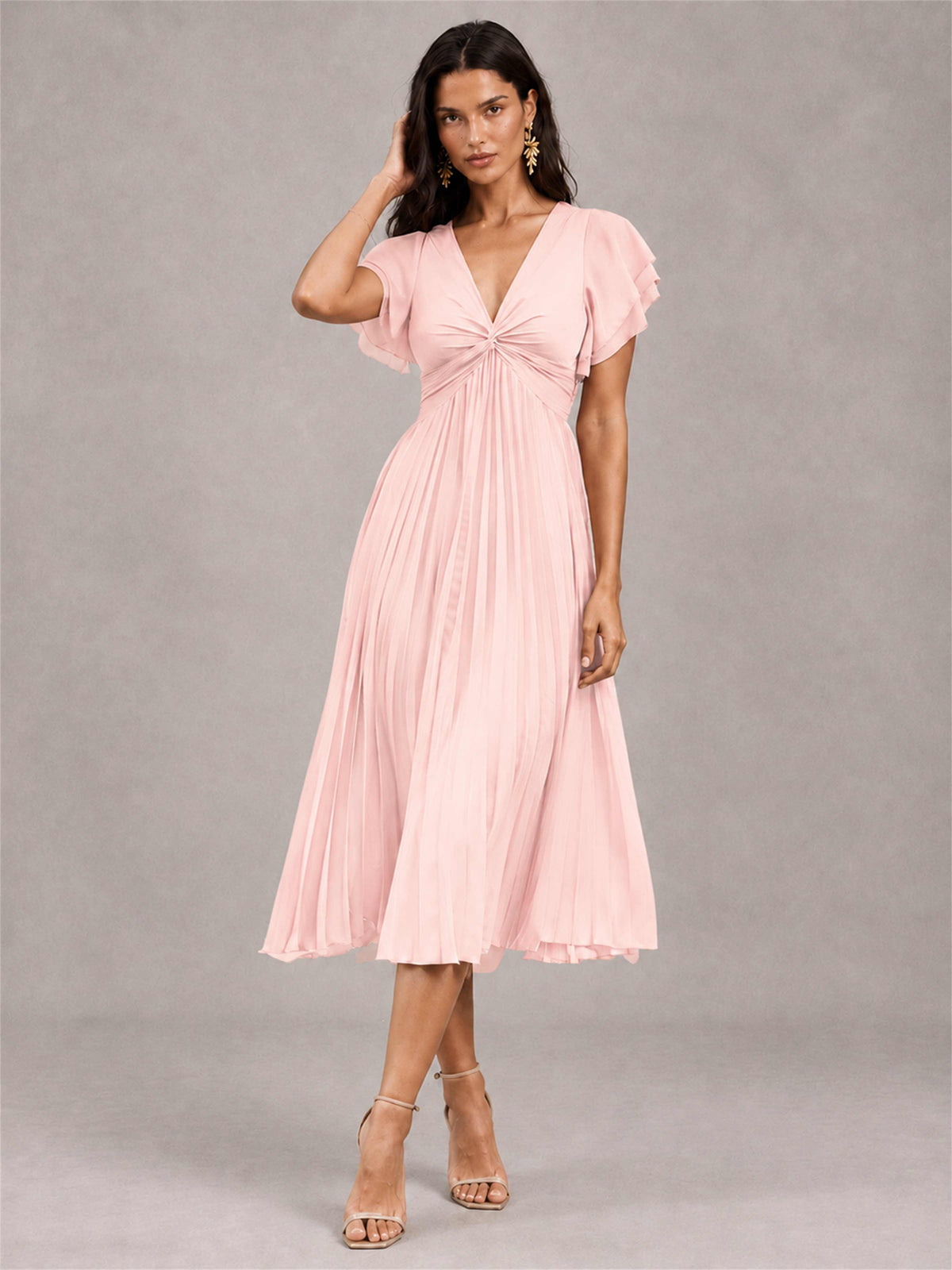V-Neck A-Line Pleated Chiffon Tea-Length Wedding Guest Dress with Flutter Sleeves