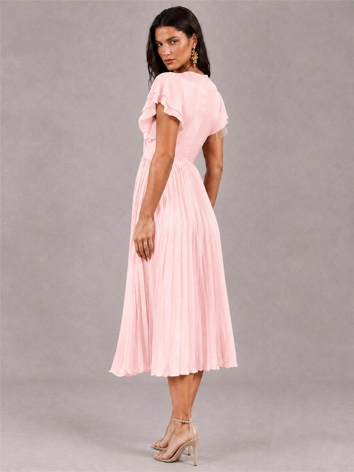 V-Neck A-Line Pleated Chiffon Tea-Length Wedding Guest Dress with Flutter Sleeves