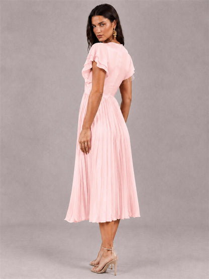 V-Neck A-Line Pleated Chiffon Tea-Length Wedding Guest Dress with Flutter Sleeves