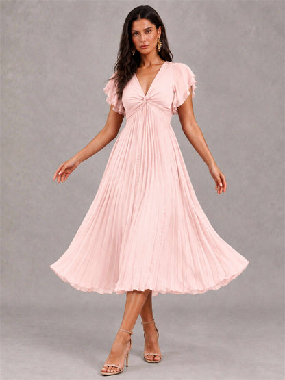 V-Neck A-Line Pleated Chiffon Tea-Length Wedding Guest Dress with Flutter Sleeves