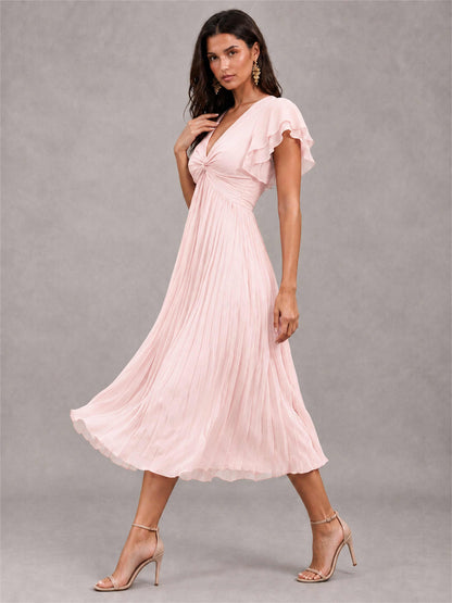 V-Neck A-Line Pleated Chiffon Tea-Length Wedding Guest Dress with Flutter Sleeves