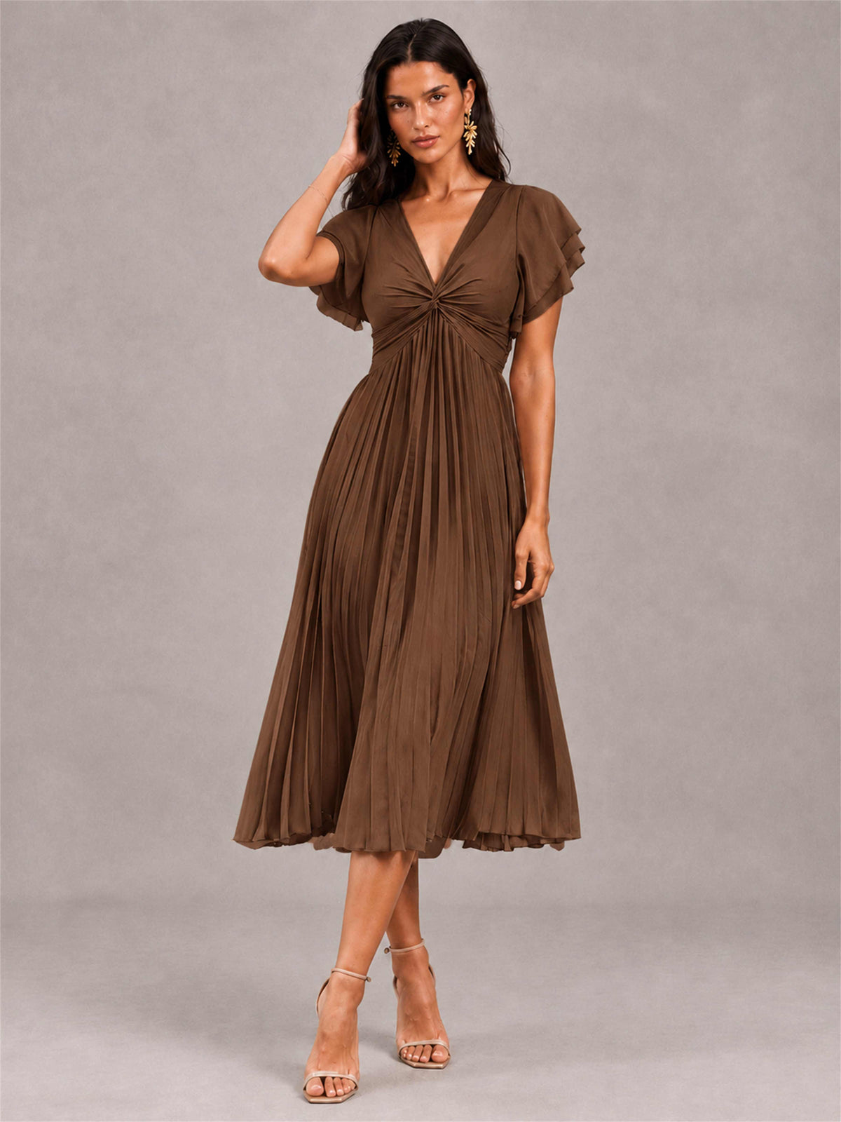 V-Neck A-Line Pleated Chiffon Tea-Length Wedding Guest Dress with Flutter Sleeves