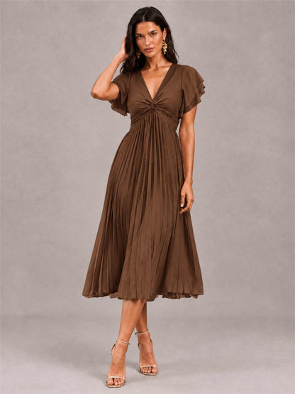V-Neck A-Line Pleated Chiffon Tea-Length Wedding Guest Dress with Flutter Sleeves
