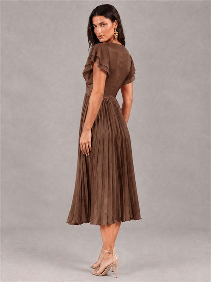 V-Neck A-Line Pleated Chiffon Tea-Length Wedding Guest Dress with Flutter Sleeves