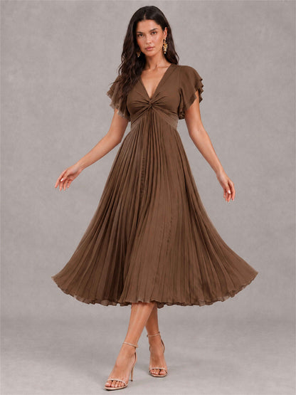V-Neck A-Line Pleated Chiffon Tea-Length Wedding Guest Dress with Flutter Sleeves