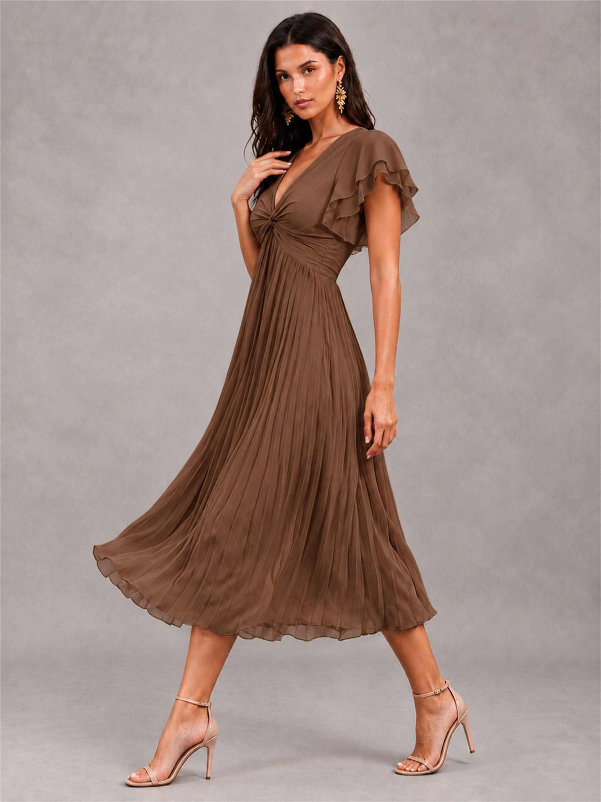 V-Neck A-Line Pleated Chiffon Tea-Length Wedding Guest Dress with Flutter Sleeves