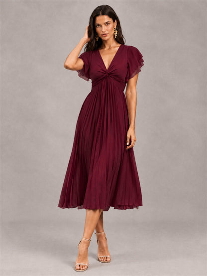 V-Neck A-Line Pleated Chiffon Tea-Length Wedding Guest Dress with Flutter Sleeves
