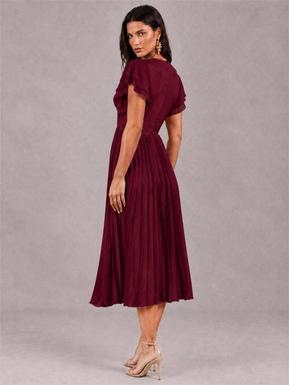 V-Neck A-Line Pleated Chiffon Tea-Length Wedding Guest Dress with Flutter Sleeves