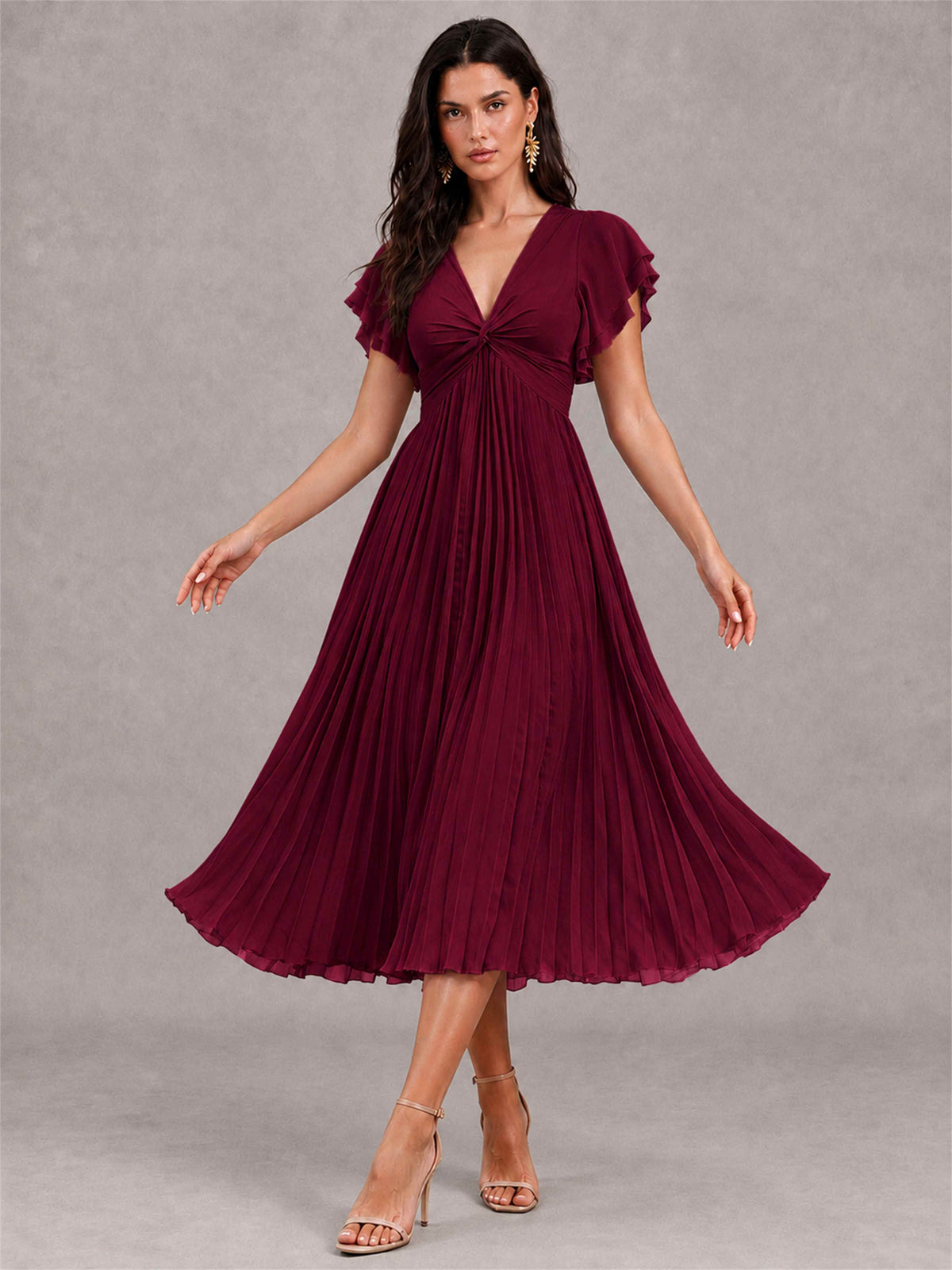 V-Neck A-Line Pleated Chiffon Tea-Length Wedding Guest Dress with Flutter Sleeves