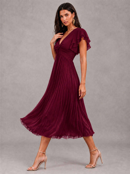 V-Neck A-Line Pleated Chiffon Tea-Length Wedding Guest Dress with Flutter Sleeves