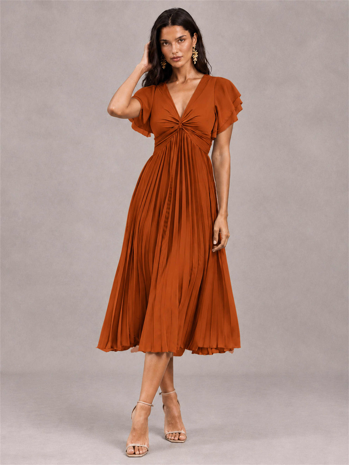V-Neck A-Line Pleated Chiffon Tea-Length Wedding Guest Dress with Flutter Sleeves