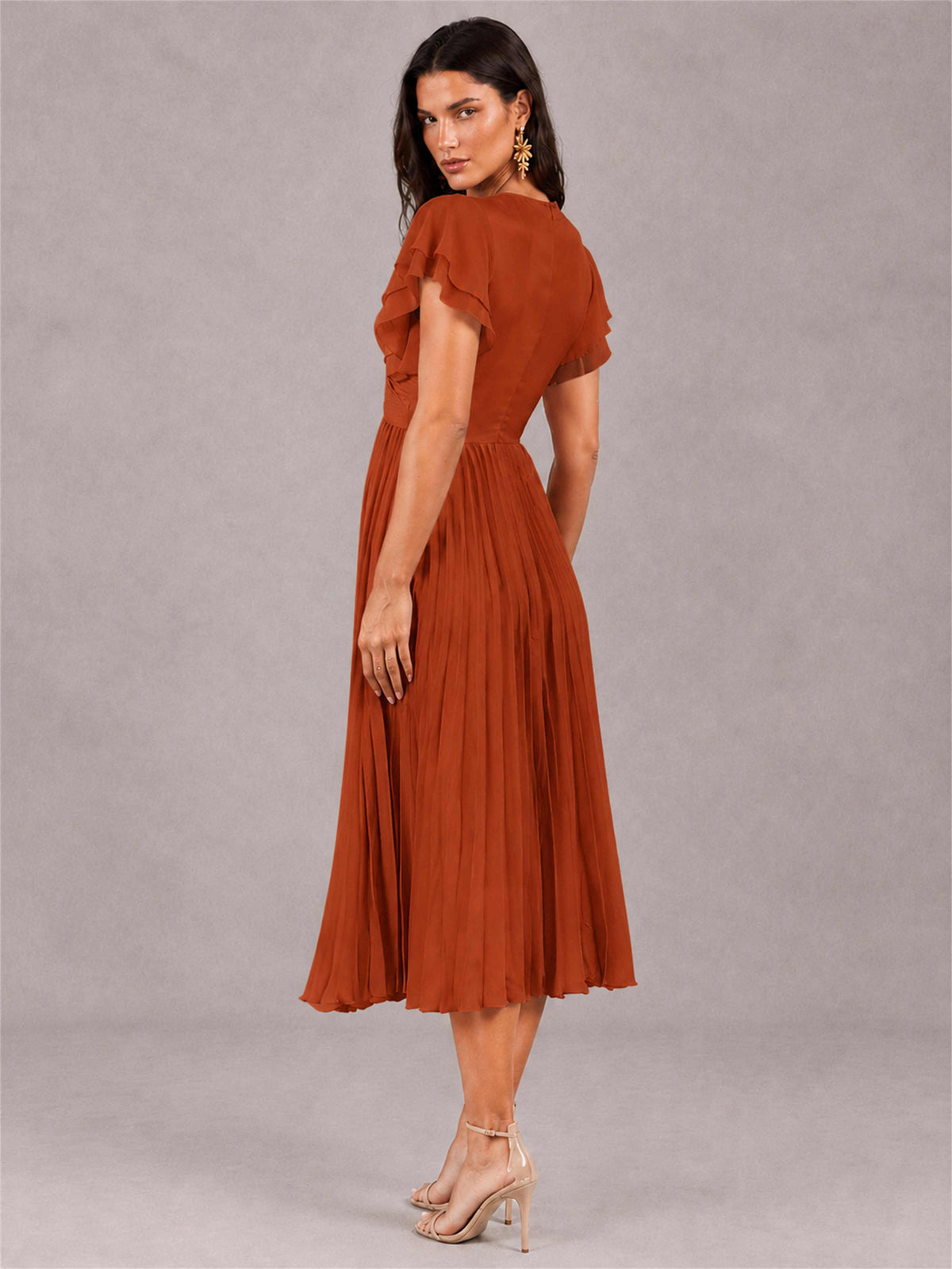 V-Neck A-Line Pleated Chiffon Tea-Length Wedding Guest Dress with Flutter Sleeves