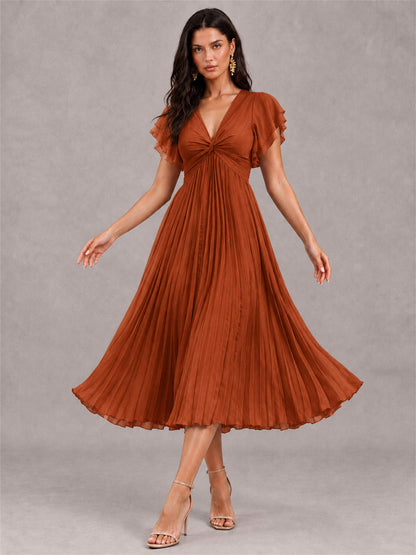 V-Neck A-Line Pleated Chiffon Tea-Length Wedding Guest Dress with Flutter Sleeves
