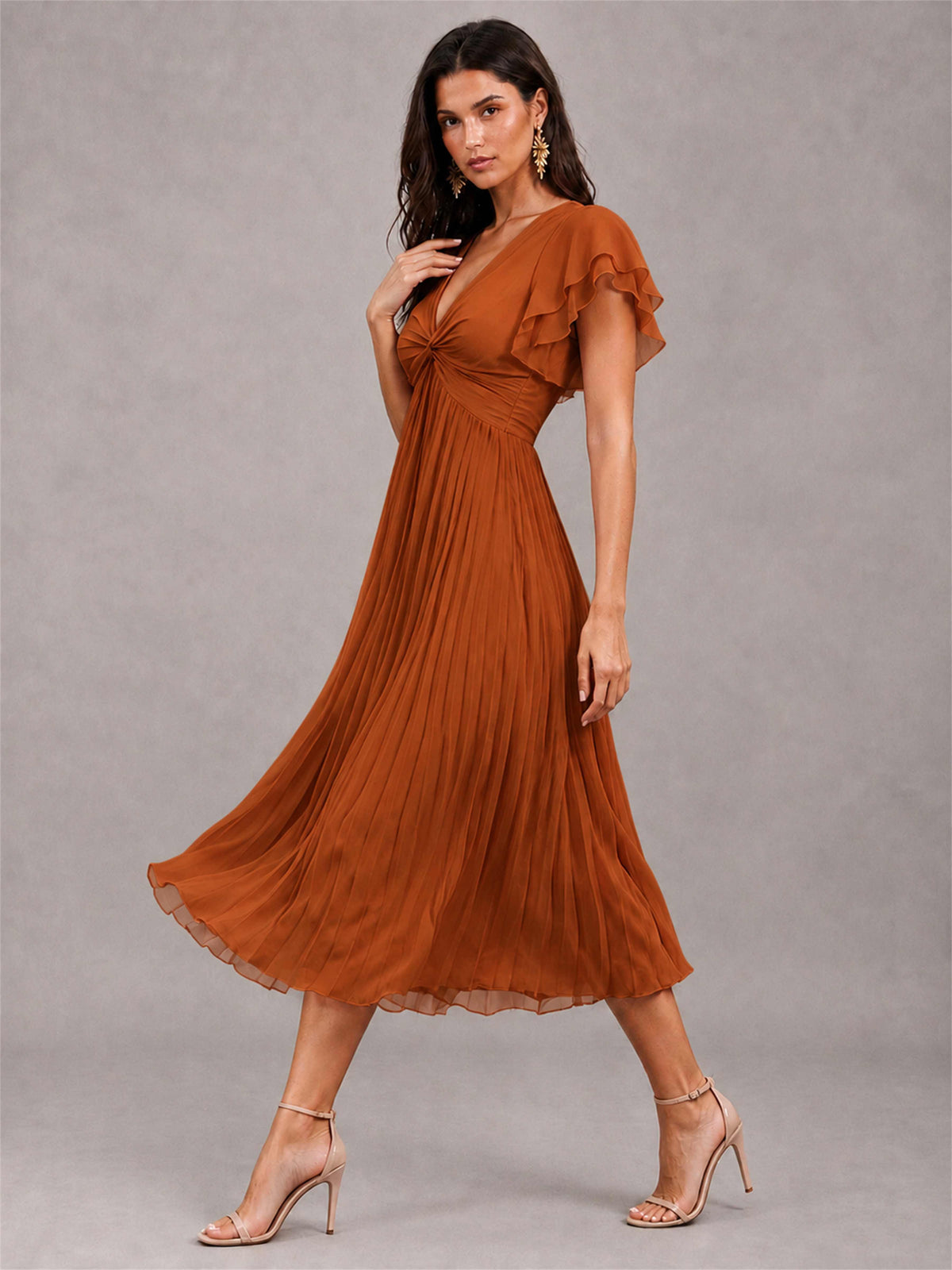 V-Neck A-Line Pleated Chiffon Tea-Length Wedding Guest Dress with Flutter Sleeves