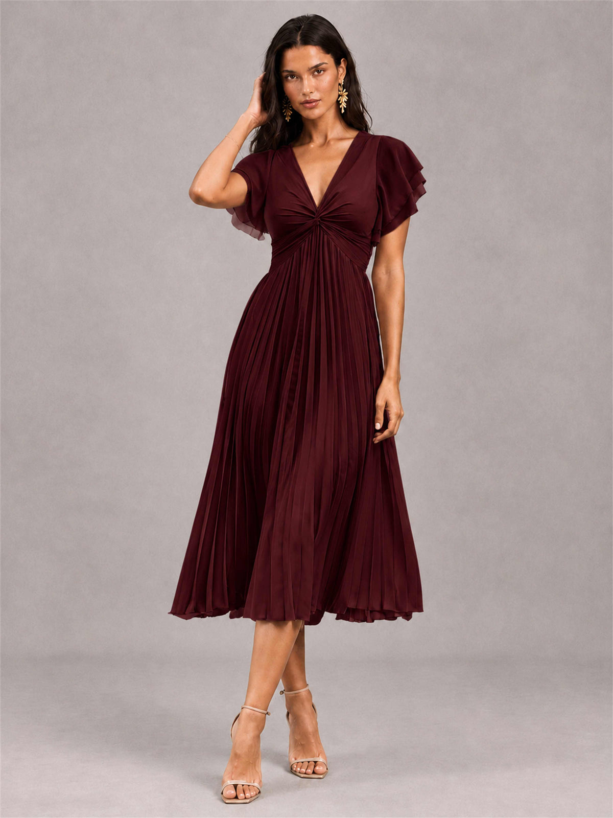 V-Neck A-Line Pleated Chiffon Tea-Length Wedding Guest Dress with Flutter Sleeves