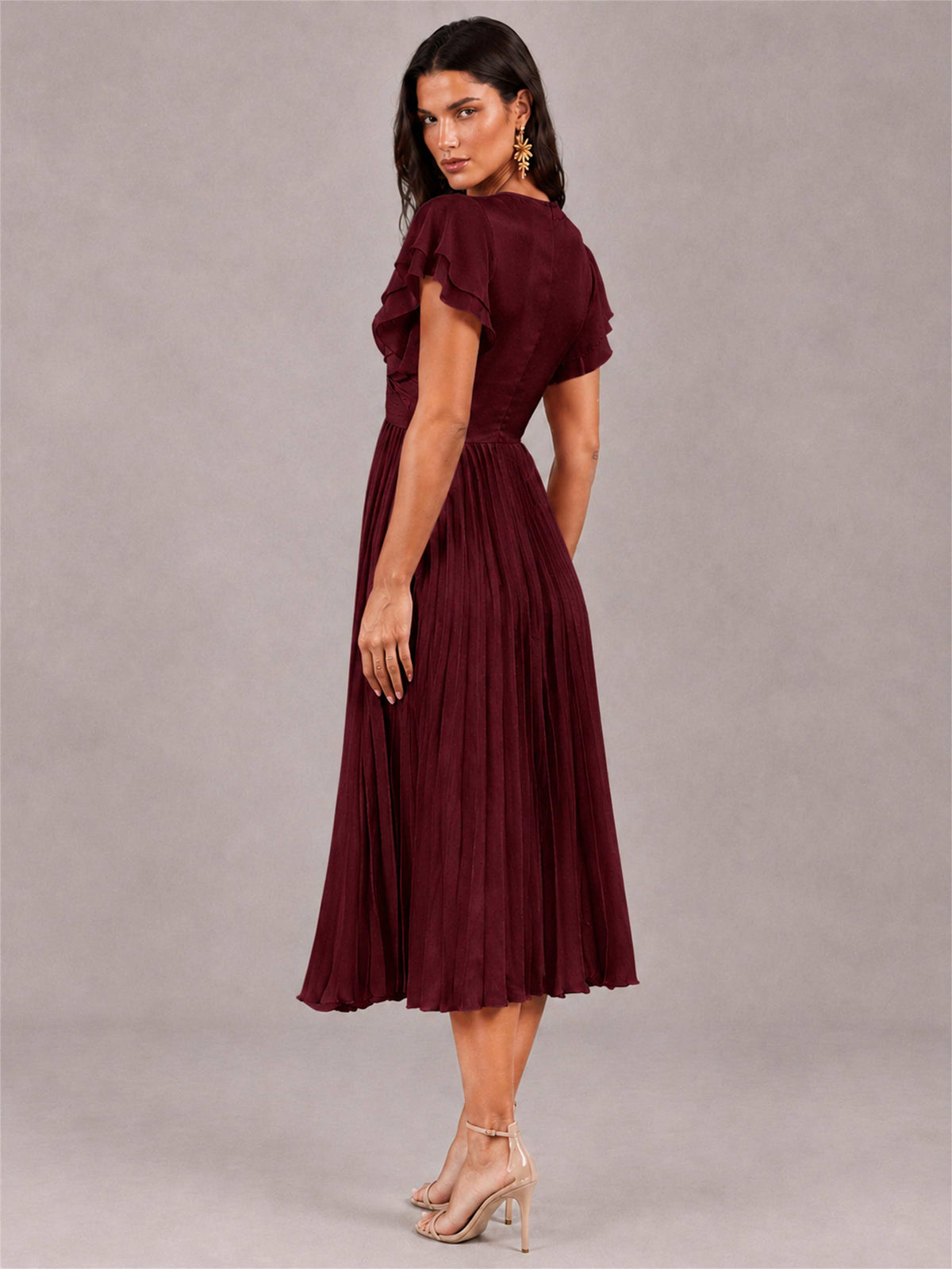 V-Neck A-Line Pleated Chiffon Tea-Length Wedding Guest Dress with Flutter Sleeves