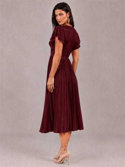 V-Neck A-Line Pleated Chiffon Tea-Length Wedding Guest Dress with Flutter Sleeves
