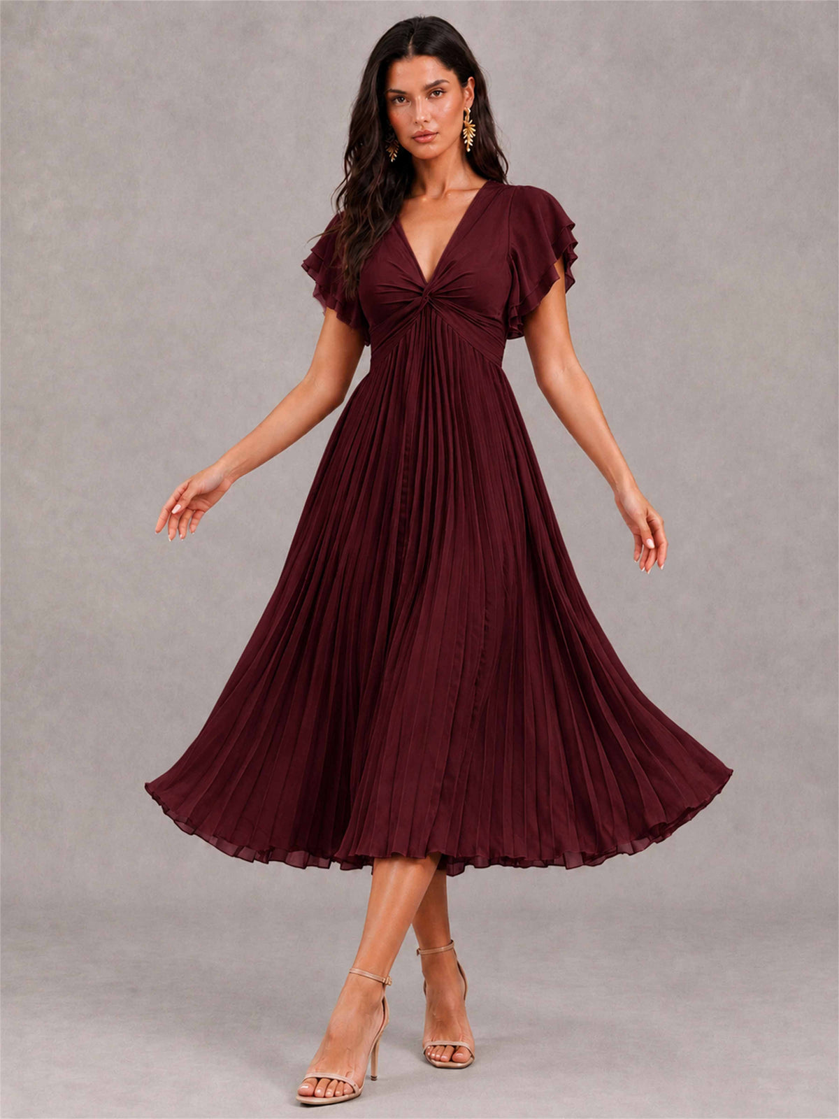 V-Neck A-Line Pleated Chiffon Tea-Length Wedding Guest Dress with Flutter Sleeves