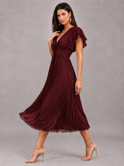 V-Neck A-Line Pleated Chiffon Tea-Length Wedding Guest Dress with Flutter Sleeves
