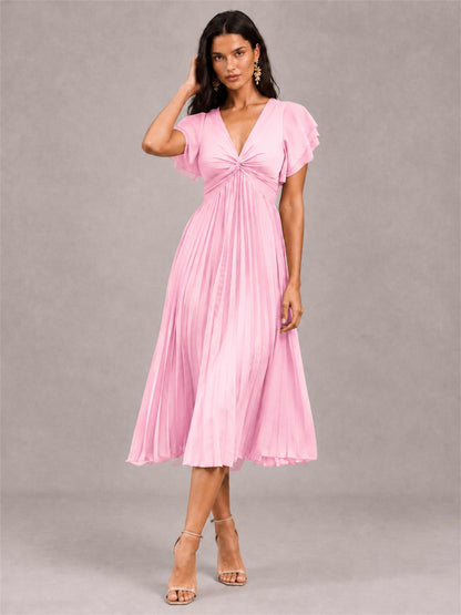 V-Neck A-Line Pleated Chiffon Tea-Length Wedding Guest Dress with Flutter Sleeves
