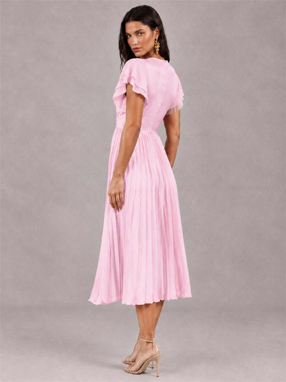 V-Neck A-Line Pleated Chiffon Tea-Length Wedding Guest Dress with Flutter Sleeves