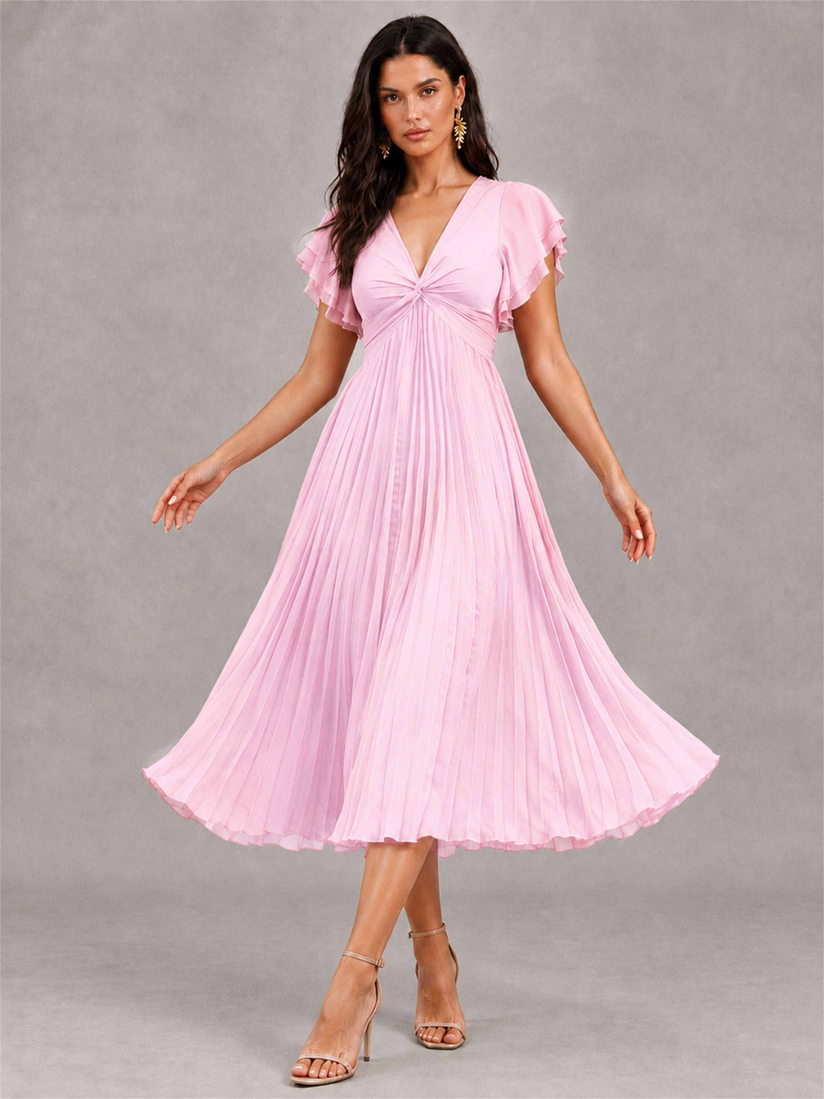 V-Neck A-Line Pleated Chiffon Tea-Length Wedding Guest Dress with Flutter Sleeves