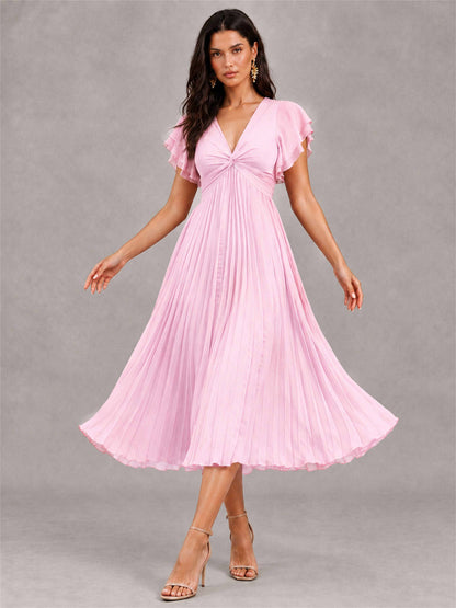 V-Neck A-Line Pleated Chiffon Tea-Length Wedding Guest Dress with Flutter Sleeves