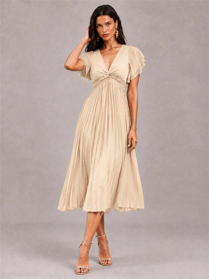 V-Neck A-Line Pleated Chiffon Tea-Length Wedding Guest Dress with Flutter Sleeves