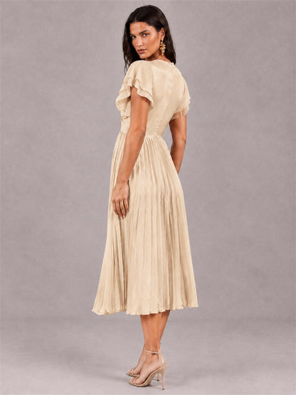 V-Neck A-Line Pleated Chiffon Tea-Length Wedding Guest Dress with Flutter Sleeves