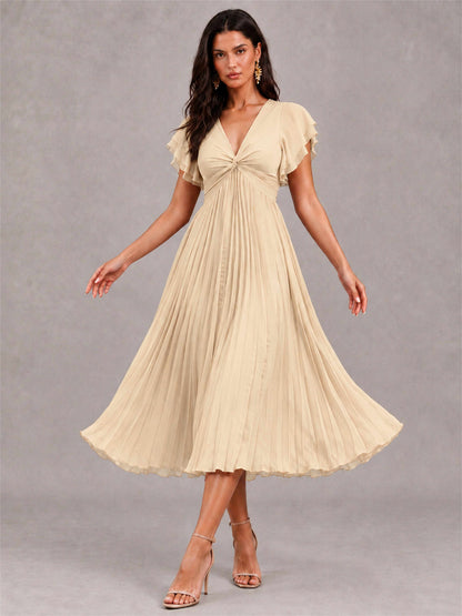 V-Neck A-Line Pleated Chiffon Tea-Length Wedding Guest Dress with Flutter Sleeves
