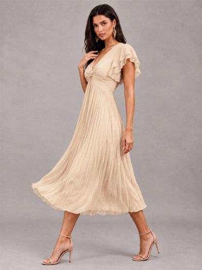V-Neck A-Line Pleated Chiffon Tea-Length Wedding Guest Dress with Flutter Sleeves