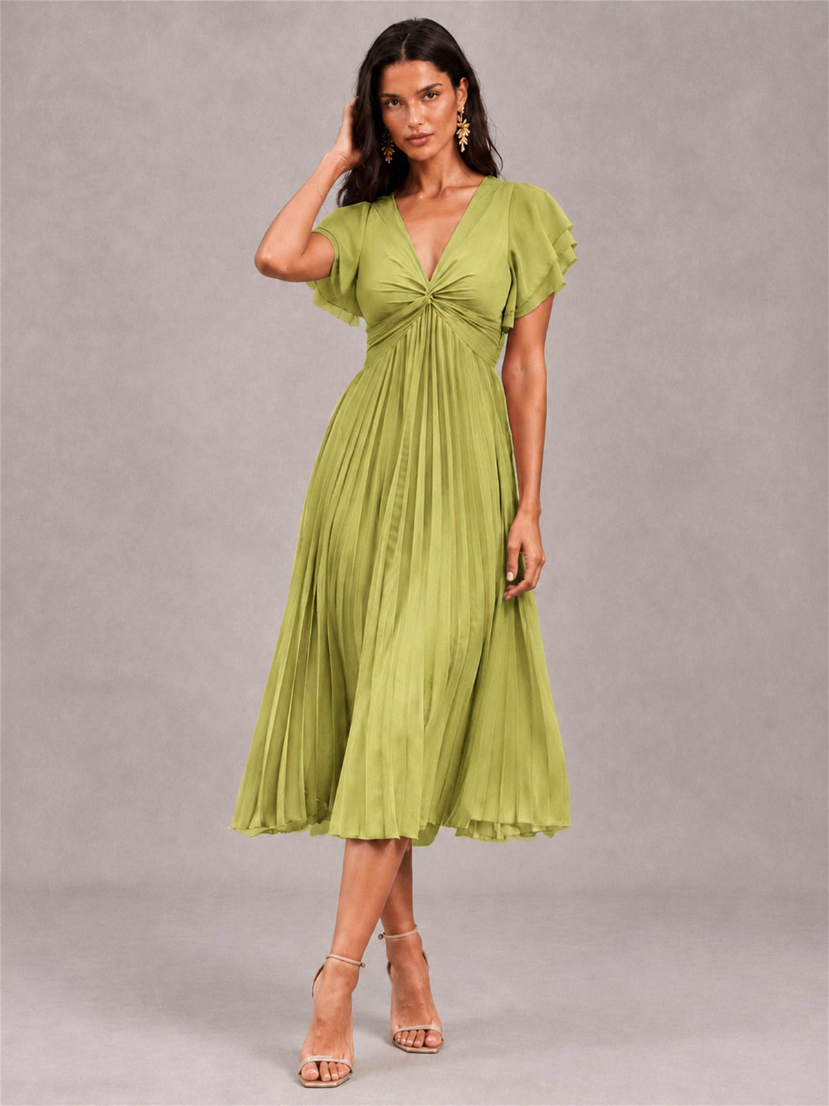V-Neck A-Line Pleated Chiffon Tea-Length Wedding Guest Dress with Flutter Sleeves