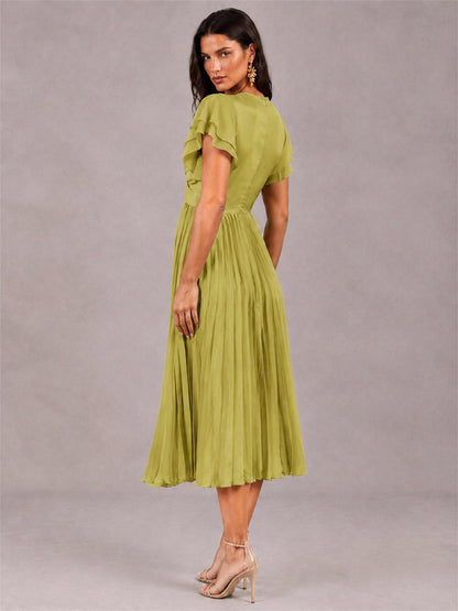 V-Neck A-Line Pleated Chiffon Tea-Length Wedding Guest Dress with Flutter Sleeves