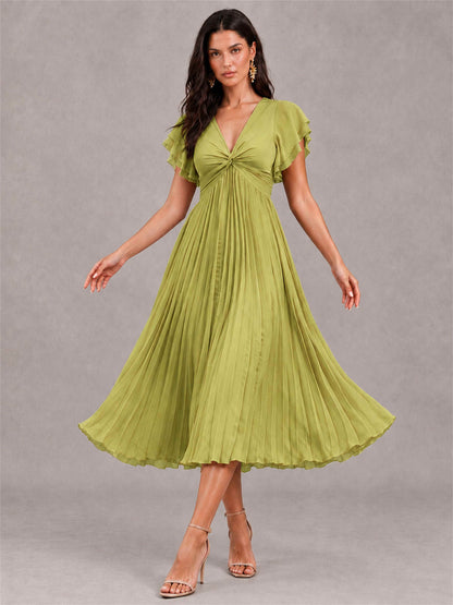 V-Neck A-Line Pleated Chiffon Tea-Length Wedding Guest Dress with Flutter Sleeves