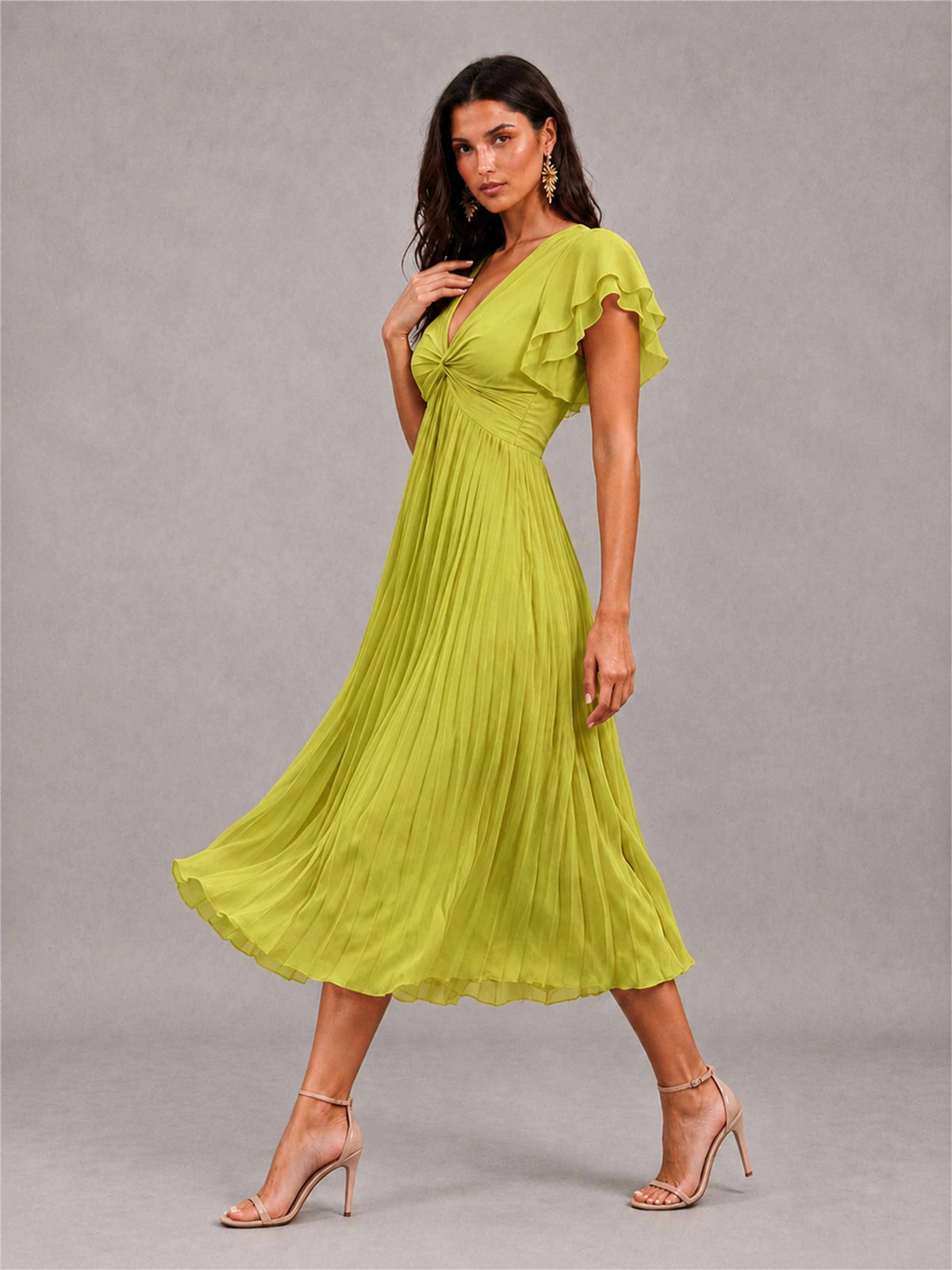 V-Neck A-Line Pleated Chiffon Tea-Length Wedding Guest Dress with Flutter Sleeves