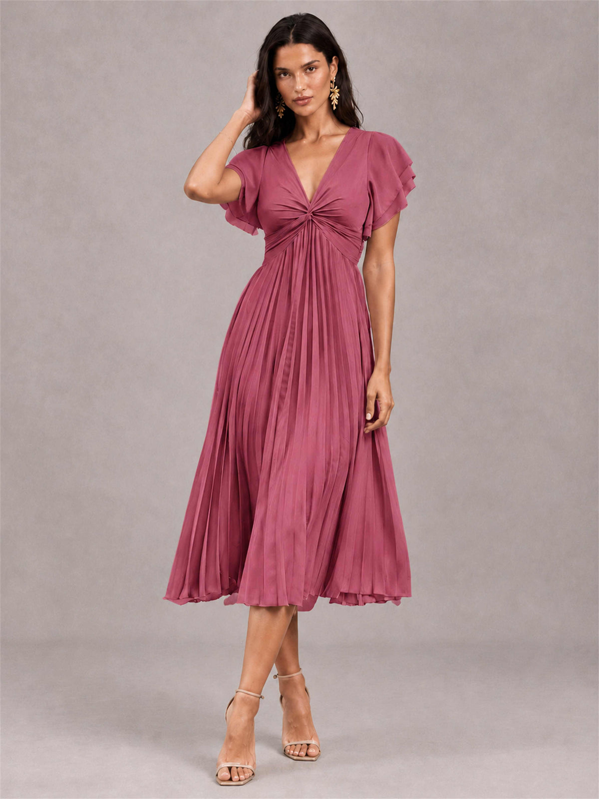 V-Neck A-Line Pleated Chiffon Tea-Length Wedding Guest Dress with Flutter Sleeves