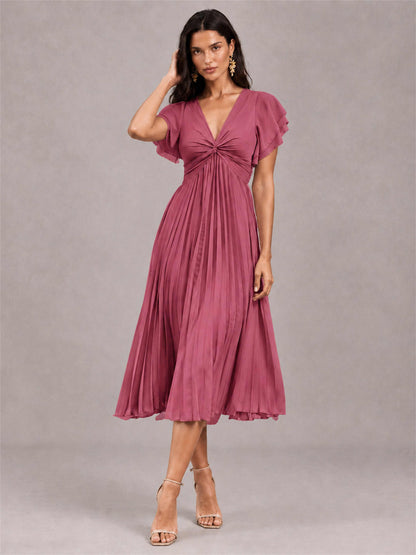 V-Neck A-Line Pleated Chiffon Tea-Length Wedding Guest Dress with Flutter Sleeves