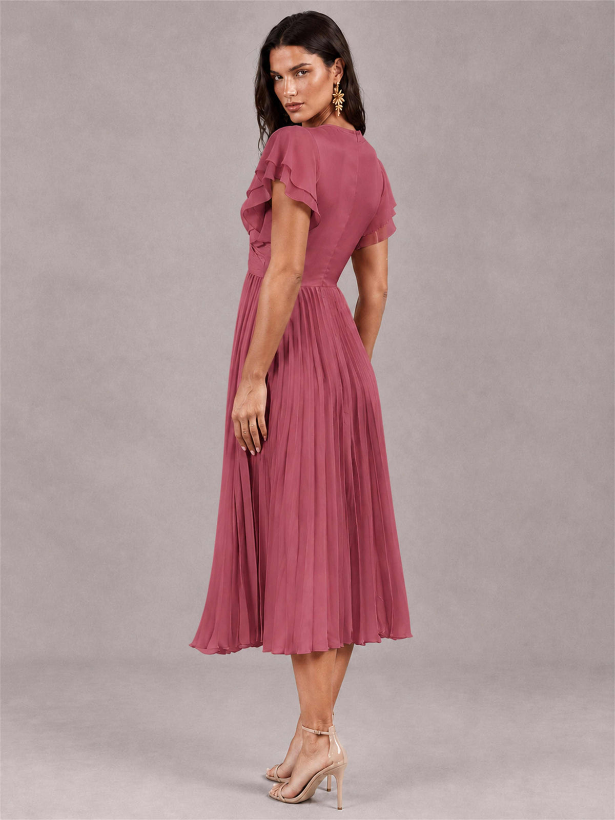 V-Neck A-Line Pleated Chiffon Tea-Length Wedding Guest Dress with Flutter Sleeves
