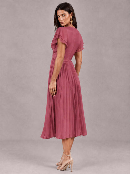 V-Neck A-Line Pleated Chiffon Tea-Length Wedding Guest Dress with Flutter Sleeves