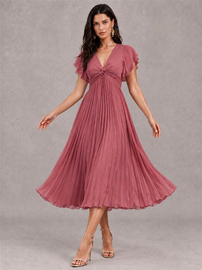 V-Neck A-Line Pleated Chiffon Tea-Length Wedding Guest Dress with Flutter Sleeves