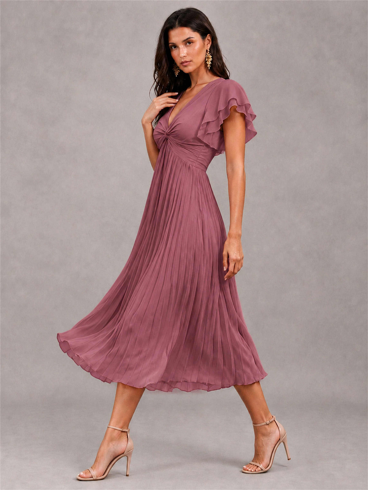 V-Neck A-Line Pleated Chiffon Tea-Length Wedding Guest Dress with Flutter Sleeves