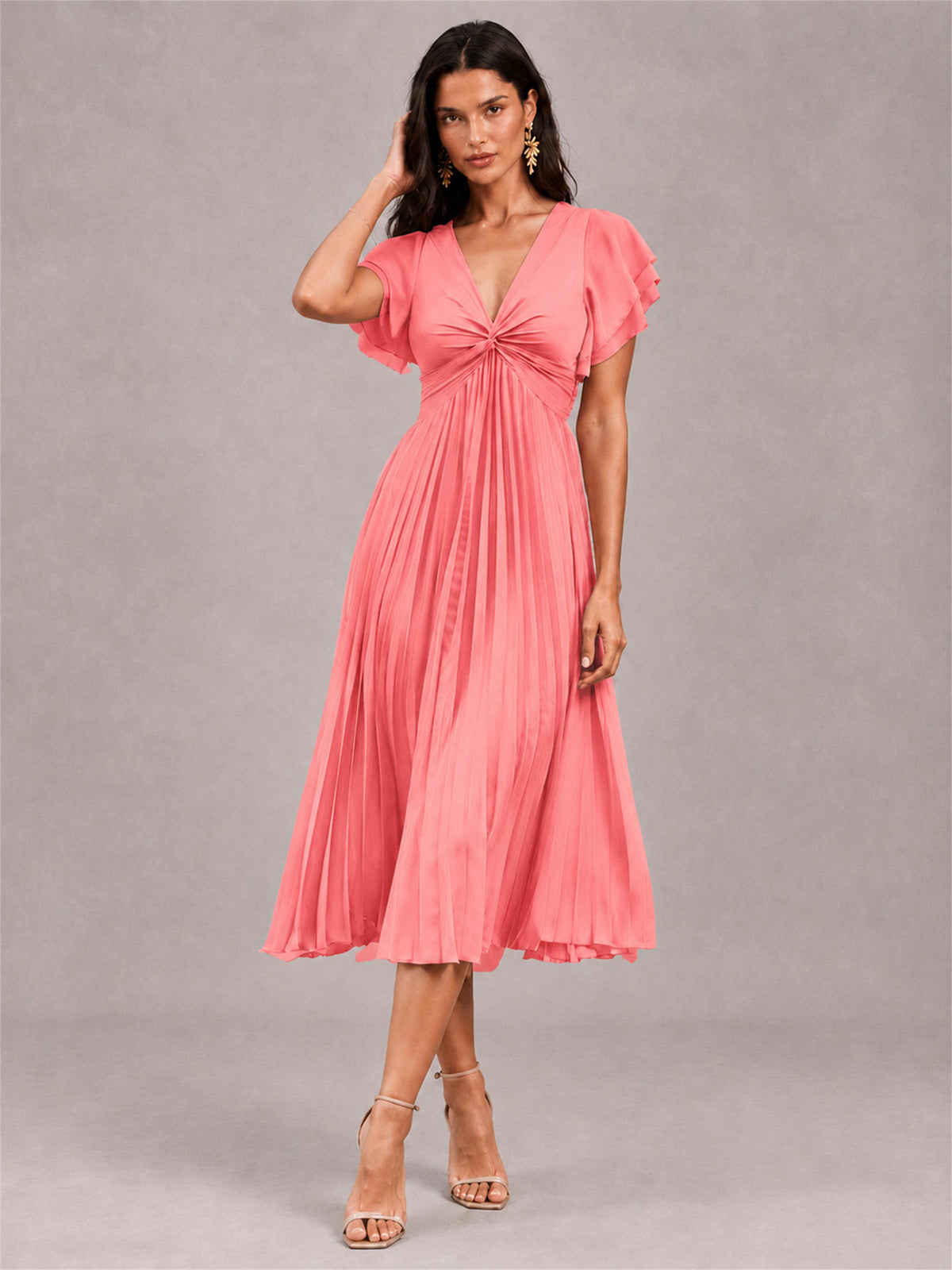 V-Neck A-Line Pleated Chiffon Tea-Length Wedding Guest Dress with Flutter Sleeves