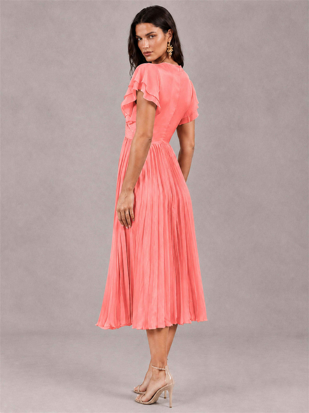 V-Neck A-Line Pleated Chiffon Tea-Length Wedding Guest Dress with Flutter Sleeves