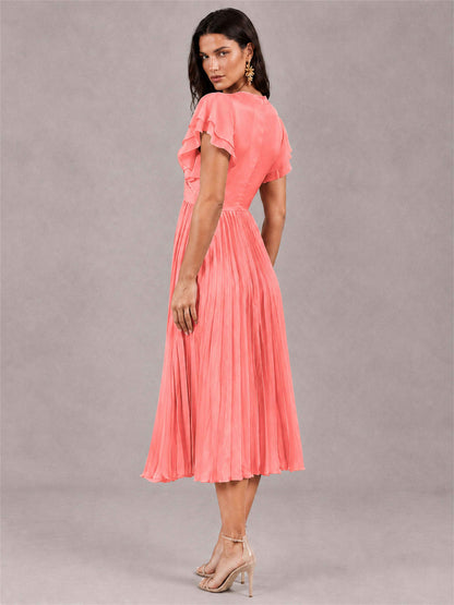 V-Neck A-Line Pleated Chiffon Tea-Length Wedding Guest Dress with Flutter Sleeves