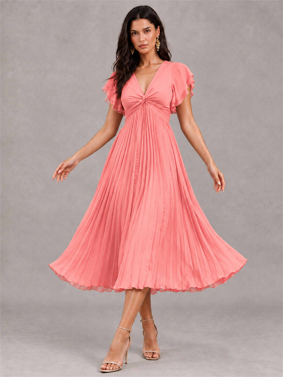 V-Neck A-Line Pleated Chiffon Tea-Length Wedding Guest Dress with Flutter Sleeves
