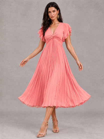 V-Neck A-Line Pleated Chiffon Tea-Length Wedding Guest Dress with Flutter Sleeves