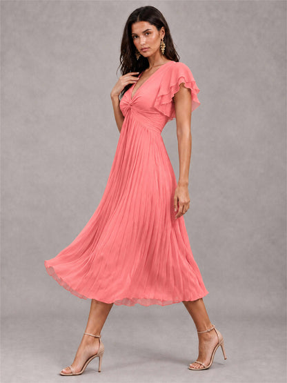 V-Neck A-Line Pleated Chiffon Tea-Length Wedding Guest Dress with Flutter Sleeves