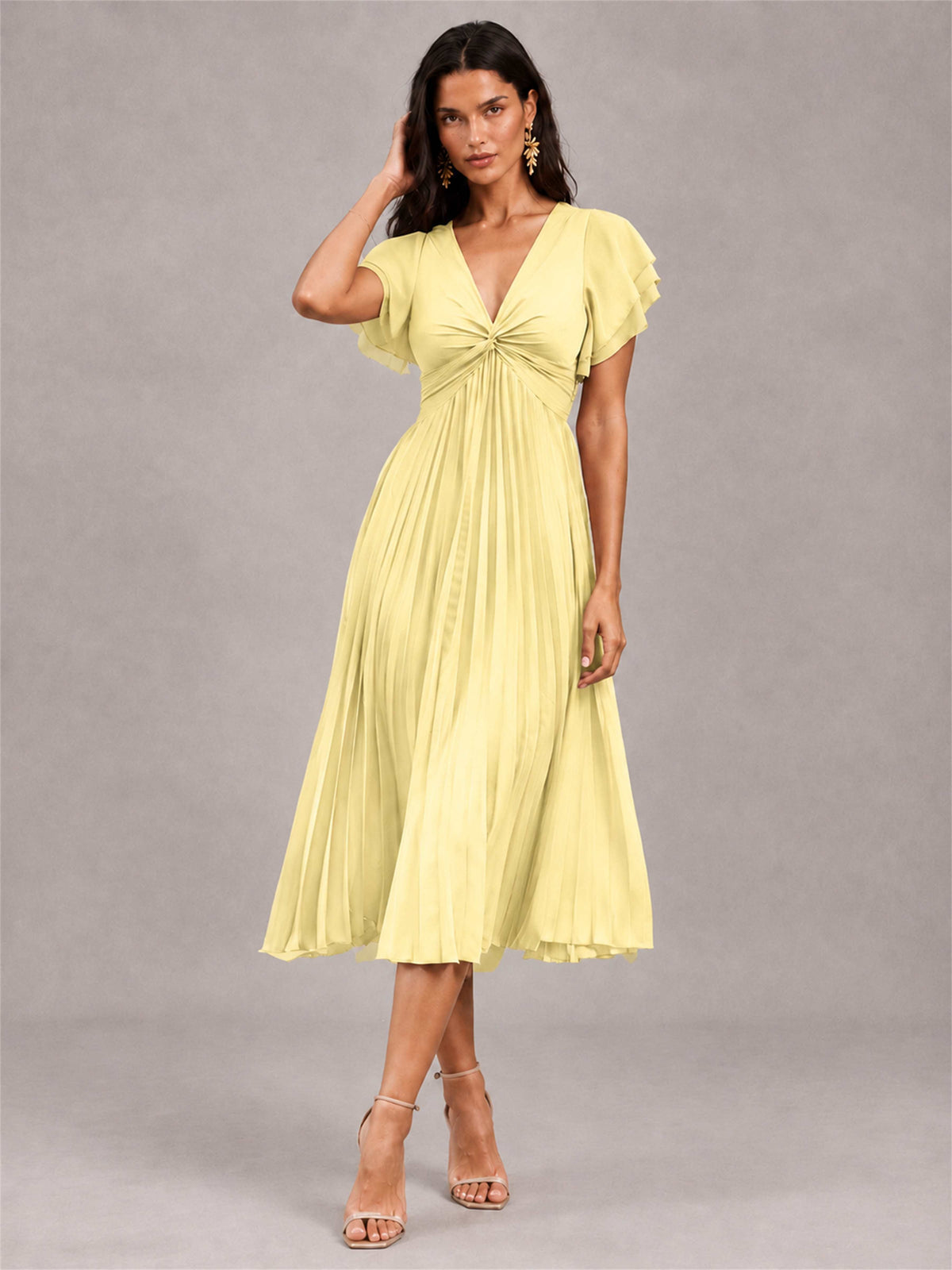 V-Neck A-Line Pleated Chiffon Tea-Length Wedding Guest Dress with Flutter Sleeves