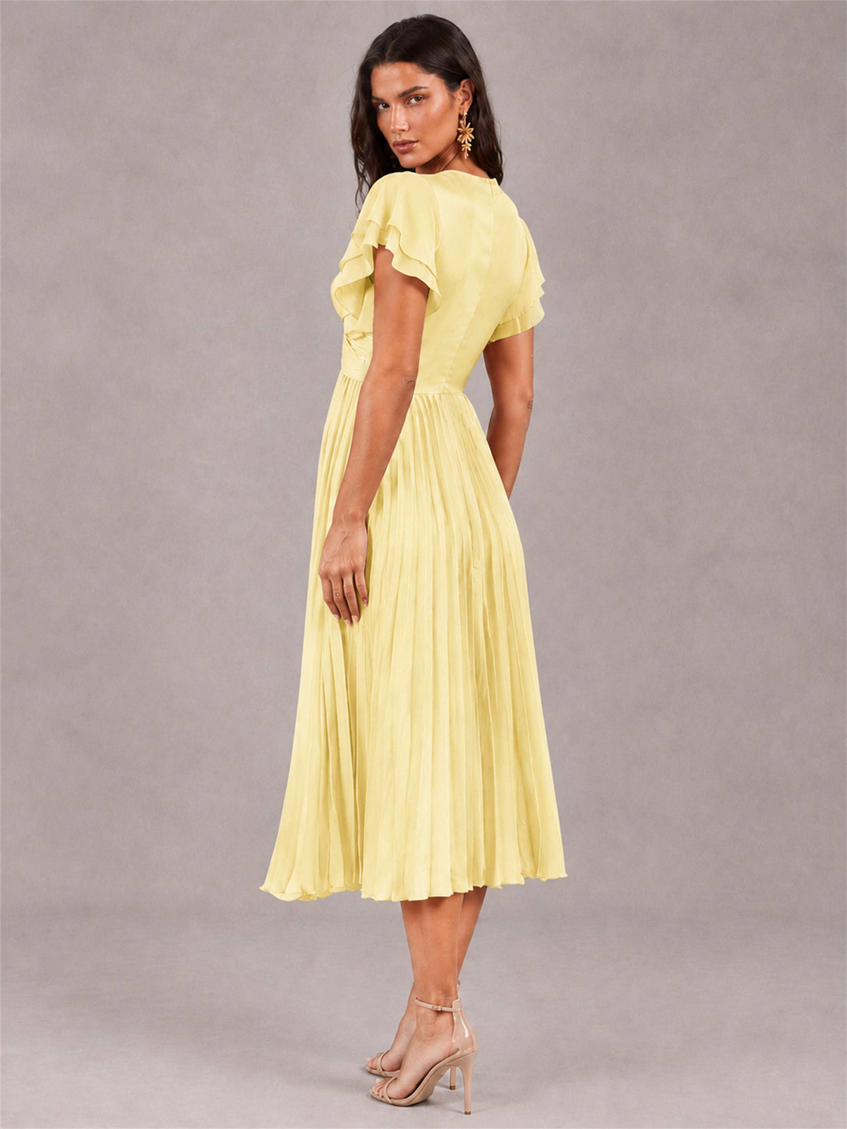 V-Neck A-Line Pleated Chiffon Tea-Length Wedding Guest Dress with Flutter Sleeves