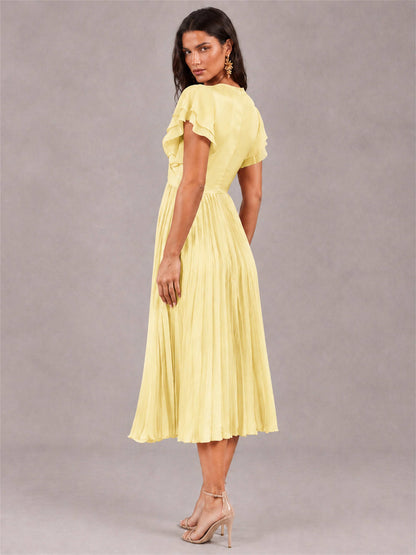 V-Neck A-Line Pleated Chiffon Tea-Length Wedding Guest Dress with Flutter Sleeves